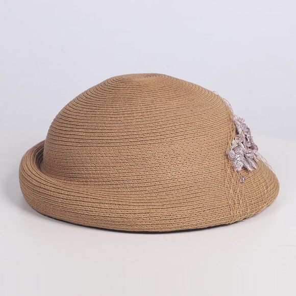 2553 Women\'s Elegant Khaki Straw Beret Hat With Veil- Fascinator main image 7